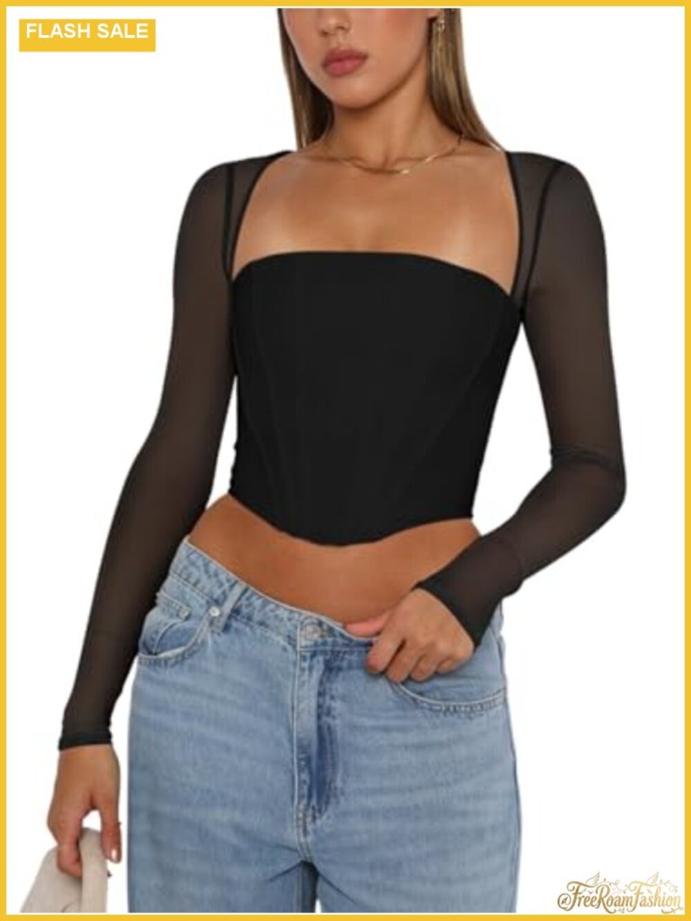 Women Mesh Long Sleeve Boned Corset Bustier Y2K Going Out Crop Top